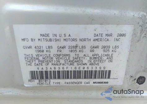 2006 Mitsubishi Galant from USA, damaged, VIN 4A3AB6F16E063399